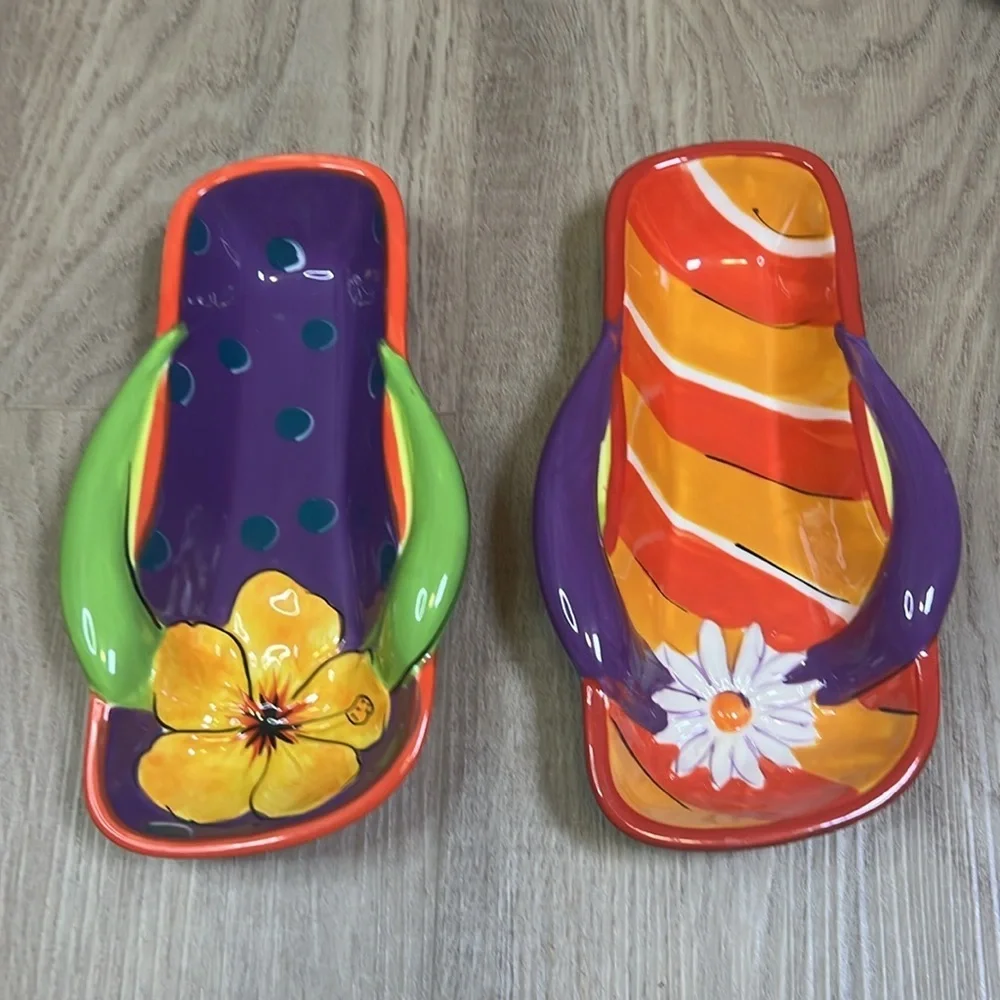 Clay Art Flip Flop Ceramic Party Serving Dishes and Salt & Pepper Shakers NWOT